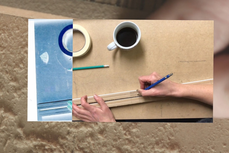 Image collage showing wooden sticks and a cup of coffee