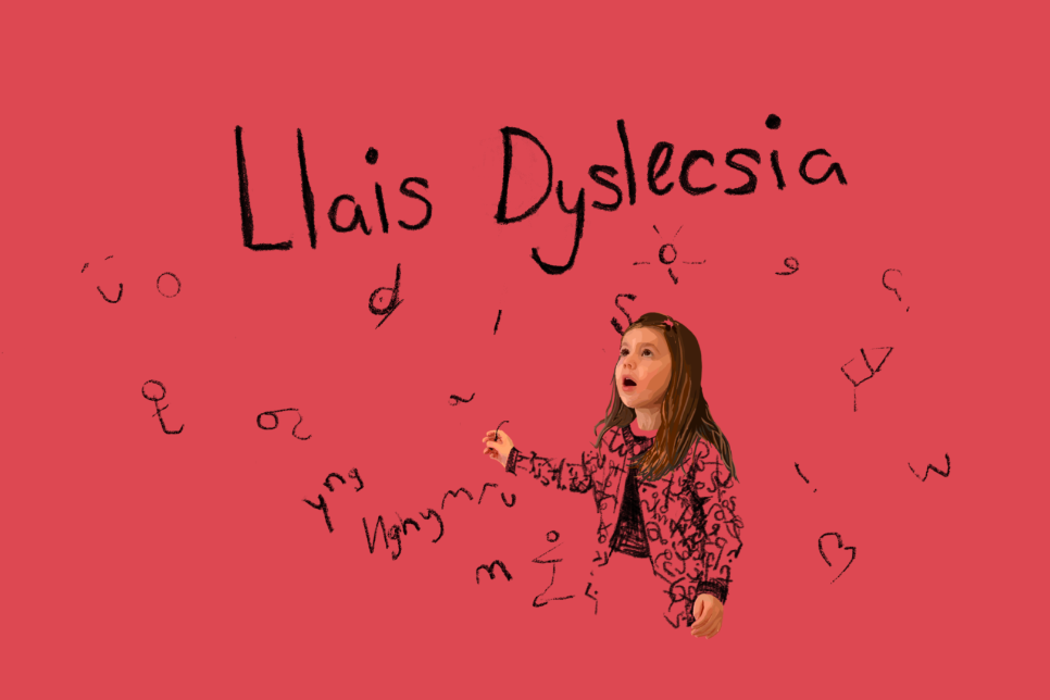 A child surrounded with illustrations of shapes and letters and the title Llais Dyslecisa