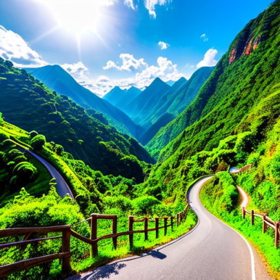 a winding mountain road goes on into the distance. the mountains are green and high. The sky is blue with a shining sun and white clouds
