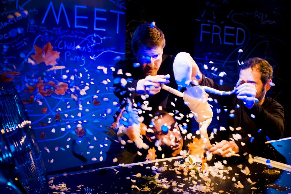 Fred the puppet battling a snow storm during a performance of Meet Fred