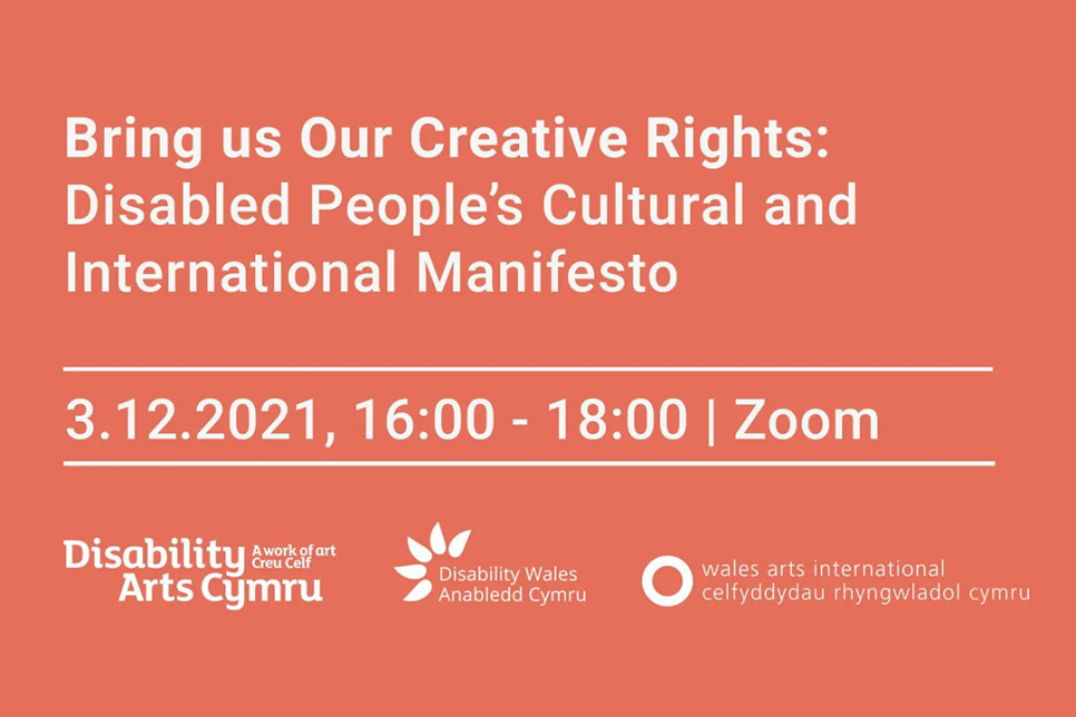 A graphic with text detailing information for the Disability Arts Cymru Manifesto Launch Event