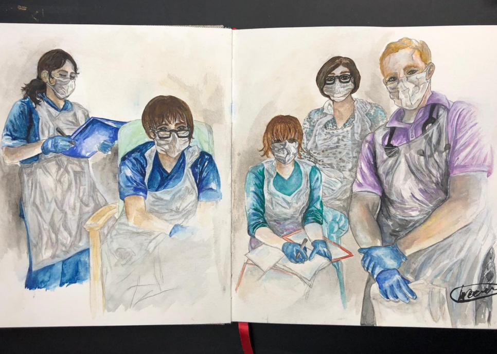 drawing of medical practitioners in PPE