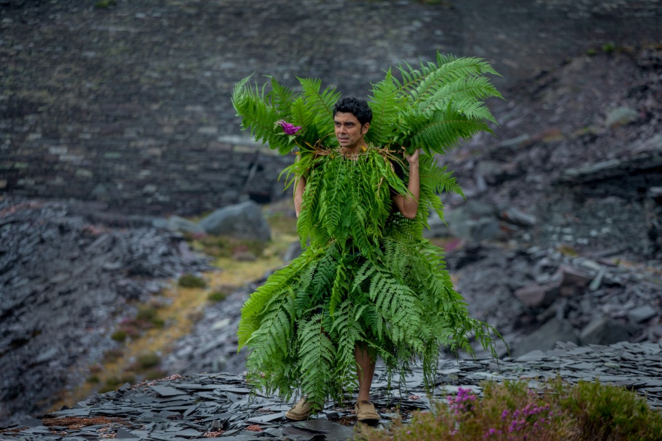 An artist stands on a slate hill covered in fern leaves