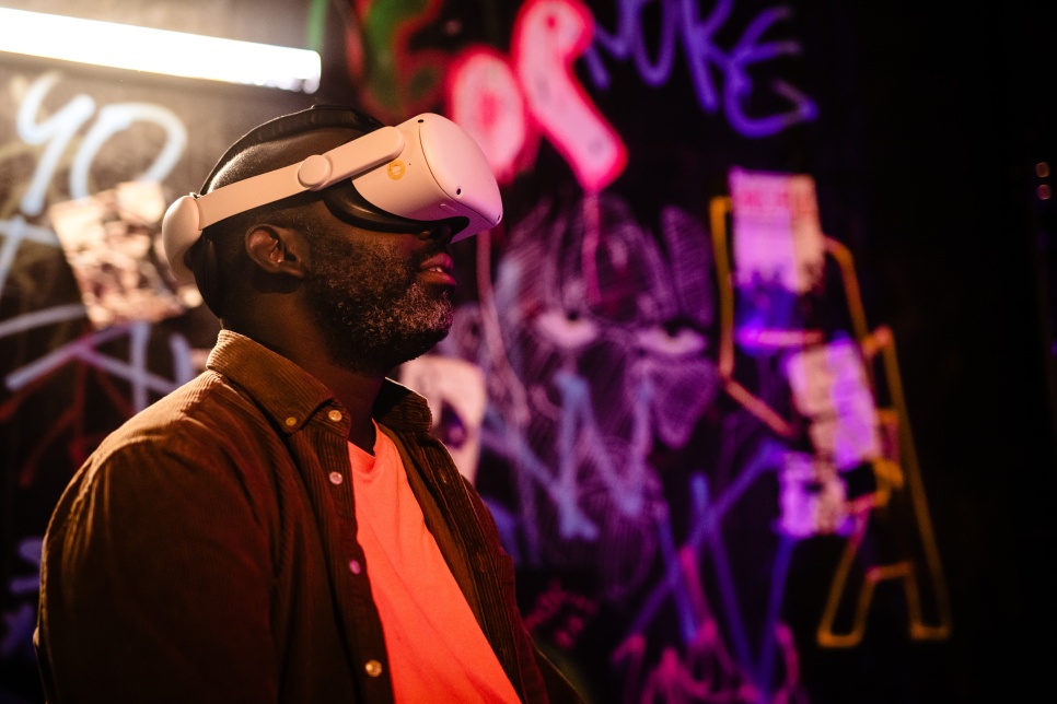 A man wearing a Virtual Reality headset 