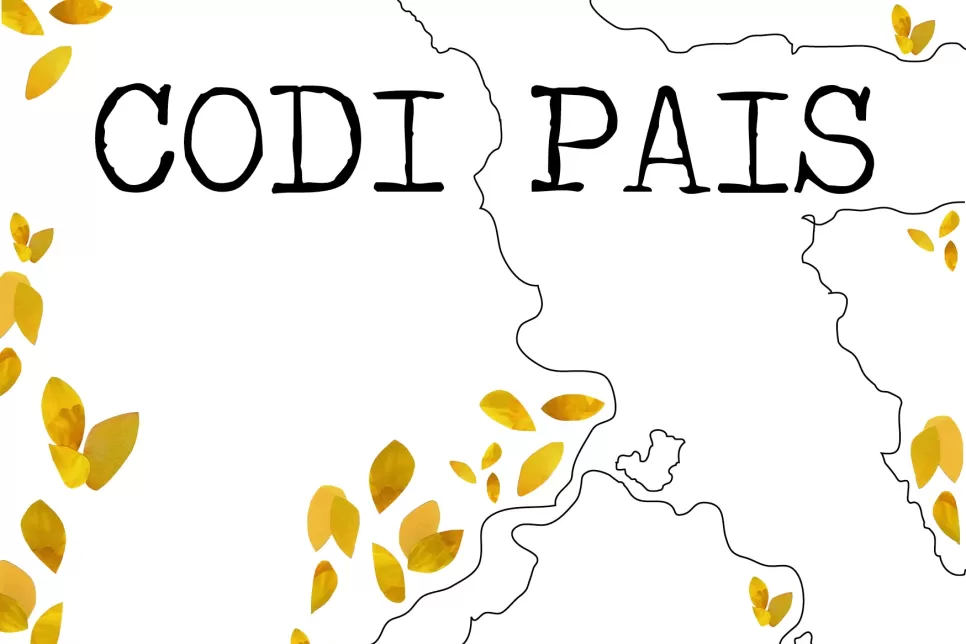 The text 'CODI PAIS' on a white and black map with gold leaves dotted around