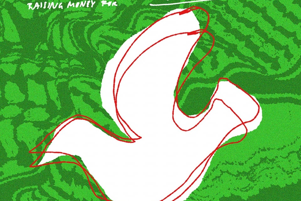 Creiriau gan Penglog Black text 'CREIRIAU' with an illustration of a white bird with red outline on a green patterned background.