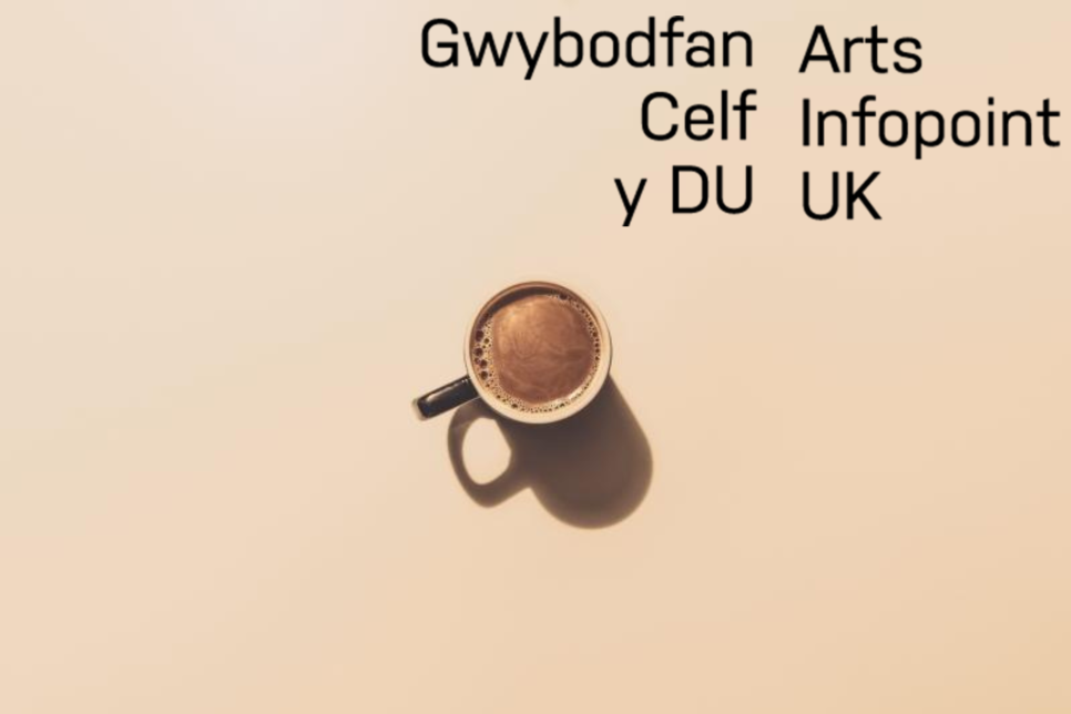 Coffee cup in the middle of the screen with Arts Infopoint UK logo in the right hand corner 