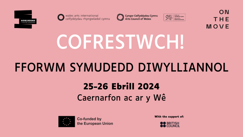 Fforwm Symudedd Diwylliannol 2024 - black logos and text on a pink background
