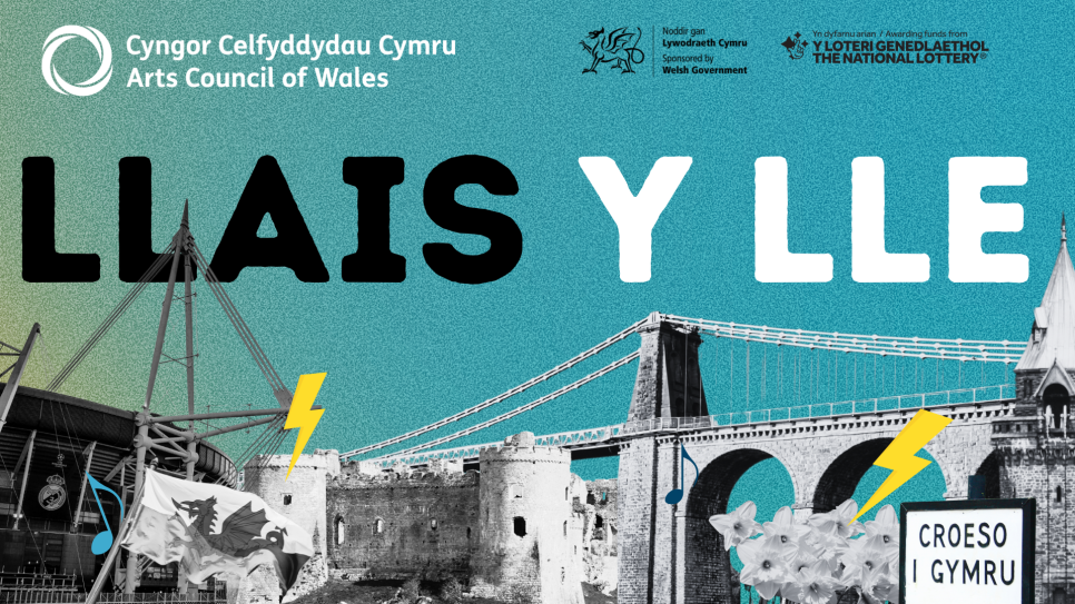 A Composite image of Welsh Landmarks with the words Llais y Lle and Sponsor logos