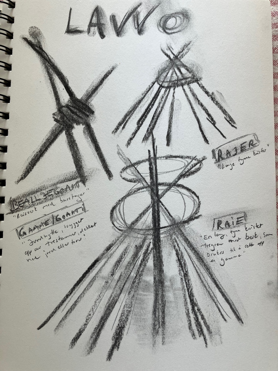 Pencil sketches on paper of tent structures, with notes