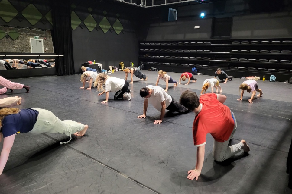 14 young people in various press-up positions in a black dance studio 