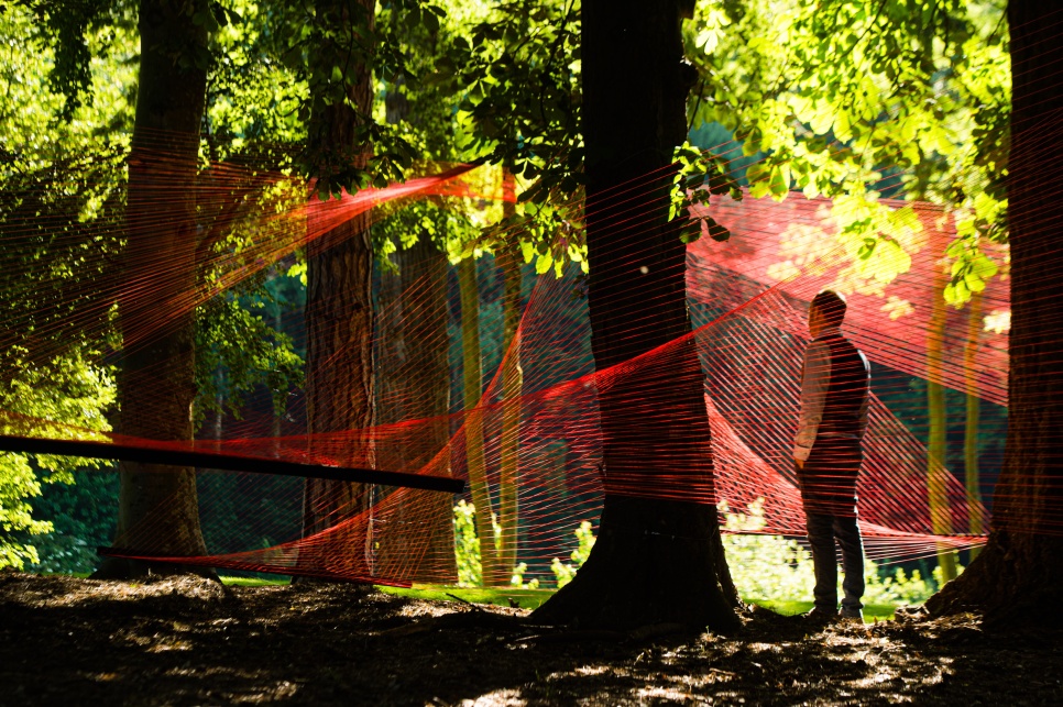 A person stands within a vibrant, geometric web of red ribbons stretched between trees in a sunlit forest setting.