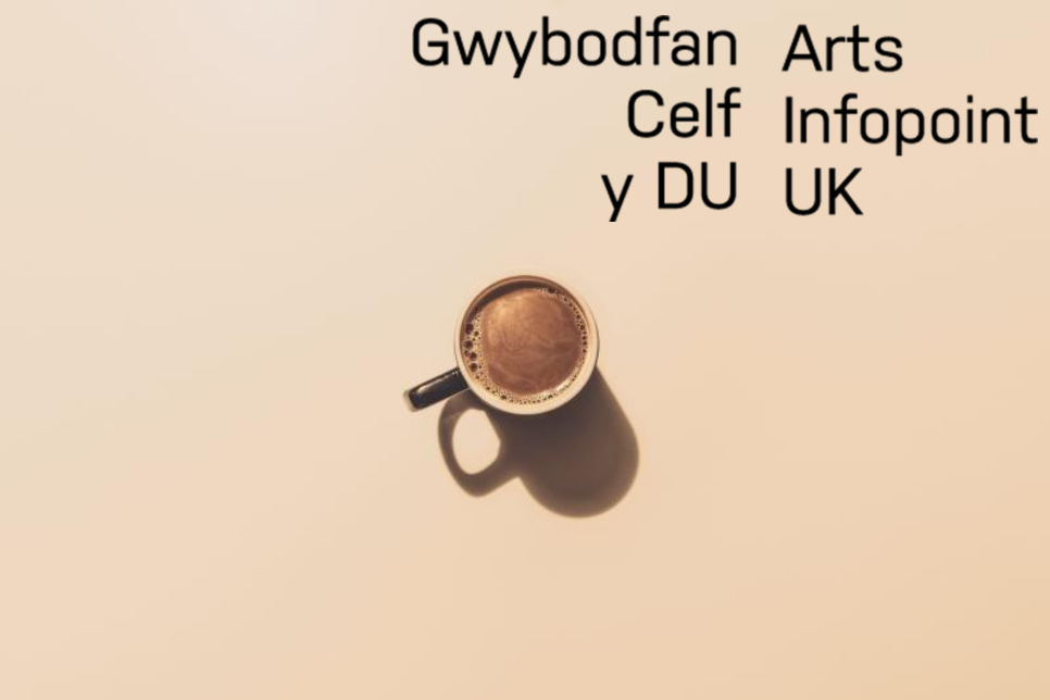 Coffee Cup in the middle of the screen with Arts Infopoint UK logo bilingually in the corner