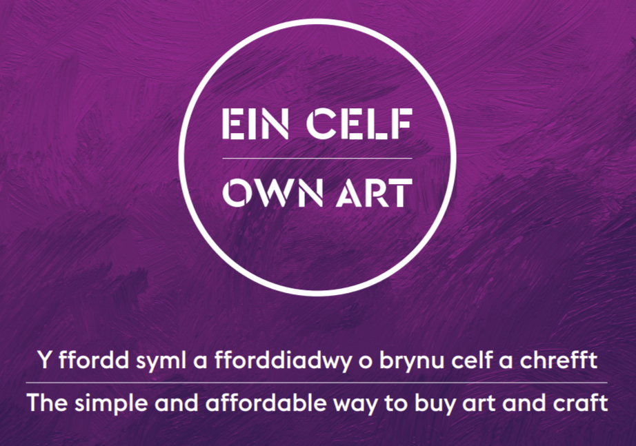 Promotional graphic for 'EIN CELF - OWN ART' featuring a purple textured background with white text overlaying that reads 'EIN CELF - OWN ART' in English and Welsh, and a slogan beneath describing it as a simple and affordable way to buy art and craft.”