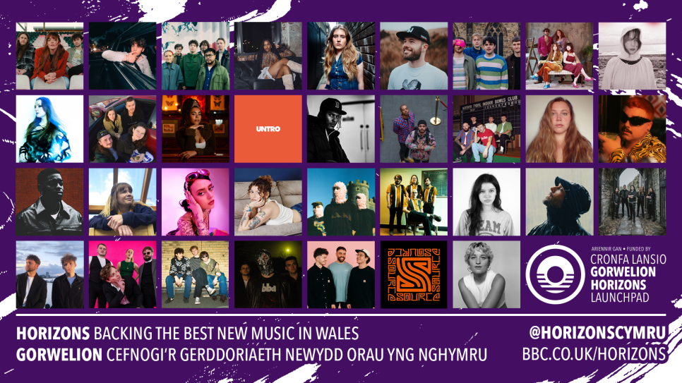 Collage of promotional images featuring diverse musicians and bands, each in various artistic poses and styles. Text overlays include "Horizons Backing the Best New Music in Wales," along with logos for Horizons and BBC. The image exudes a vibrant representation of emerging musical talent in Wales.