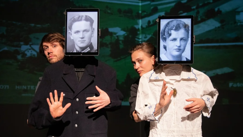 Man and woman holding costumes and old black and white images