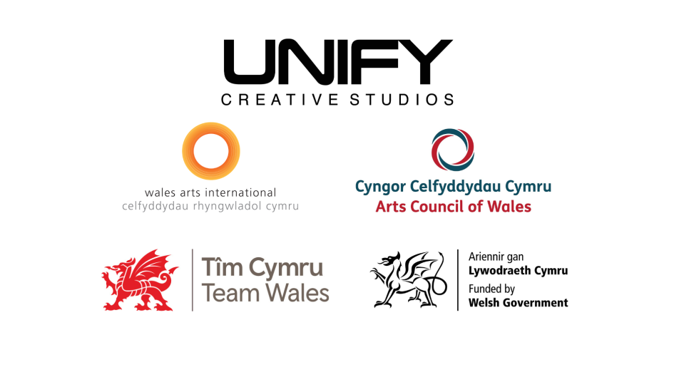Unify logo, Wales Arts International logo, Arts Council Wales logo, Team Wales logo and Funded by Welsh Government logo