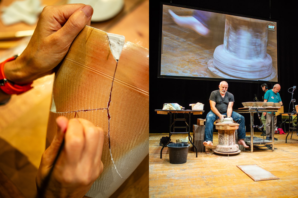 LEFT: Female hands holding a large cracked pot, patting gold into the cracks. RIGHT: A man on stage in front of a large screen, presenting a pottery wheel demonstration