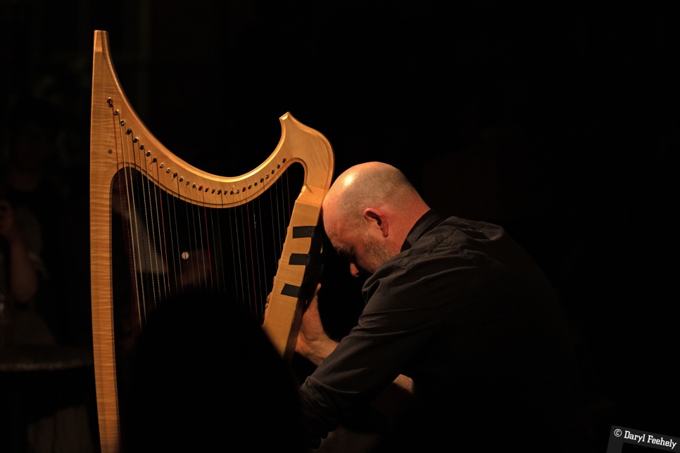 Man in black shirt playing harp in front of black background