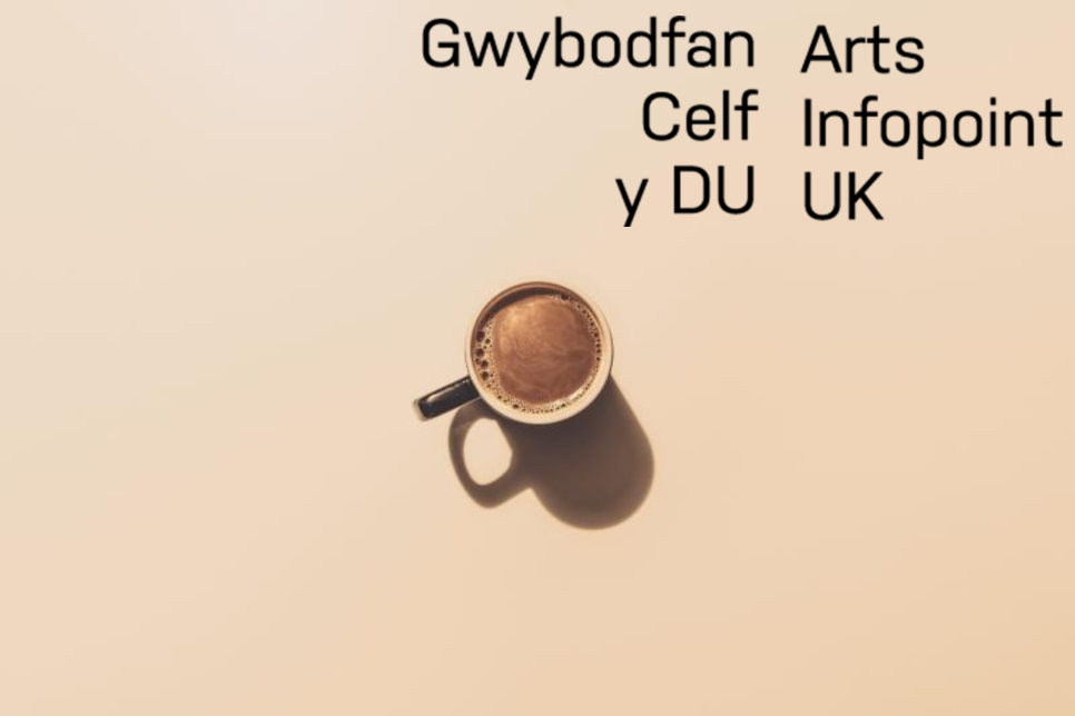 Coffee Cup in the middle of the screen with Arts Infopoint UK's logo