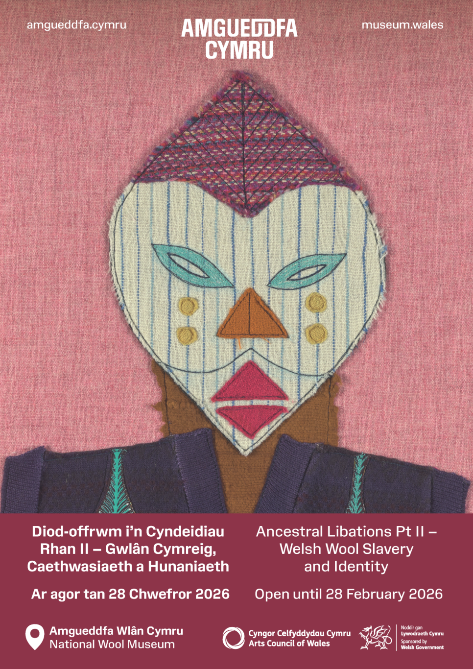 Perspectives Exhibition Poster featuring Lucille Junkere's artwork - an applique collage using fabric. It shows the head and shoulders of a dark skinned person wearing an African mask. The mask is oval shaped, pointed at the top of the head and the chin.
