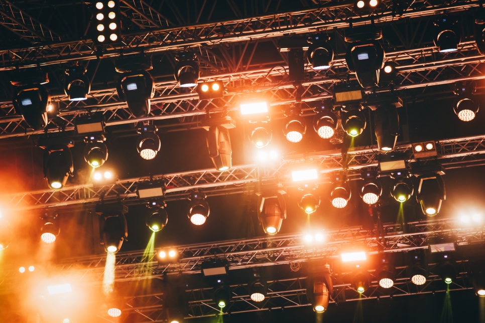 Stage light rig, bright lights at night