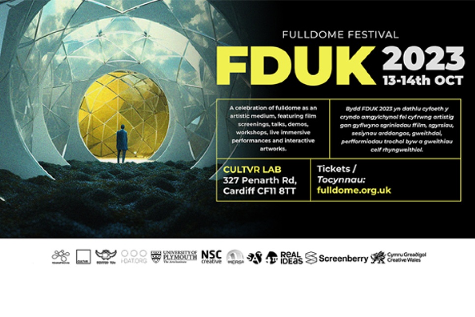 Poster for Immersive arts festival FDUK 2023: A celebration of fulldome as an artistic medium, featuring film screenings, talks, demos, workshops, live performances and interactive artworks.