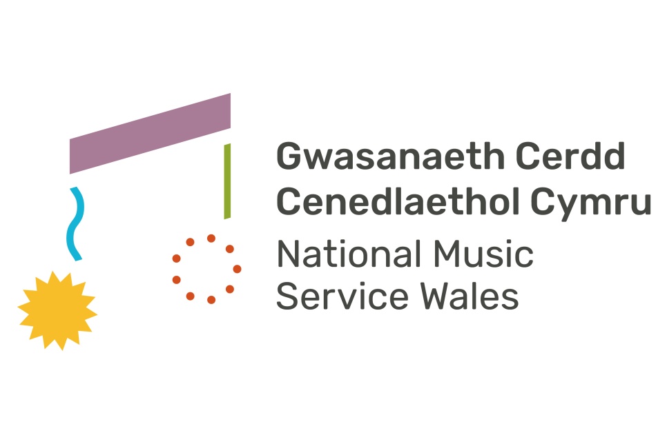 Logo yn llawn siapiau lliwgar sy'n debyg i semi quavers, ac enw Gwasanaeth Cerdd Cenedlaethol Cymru.