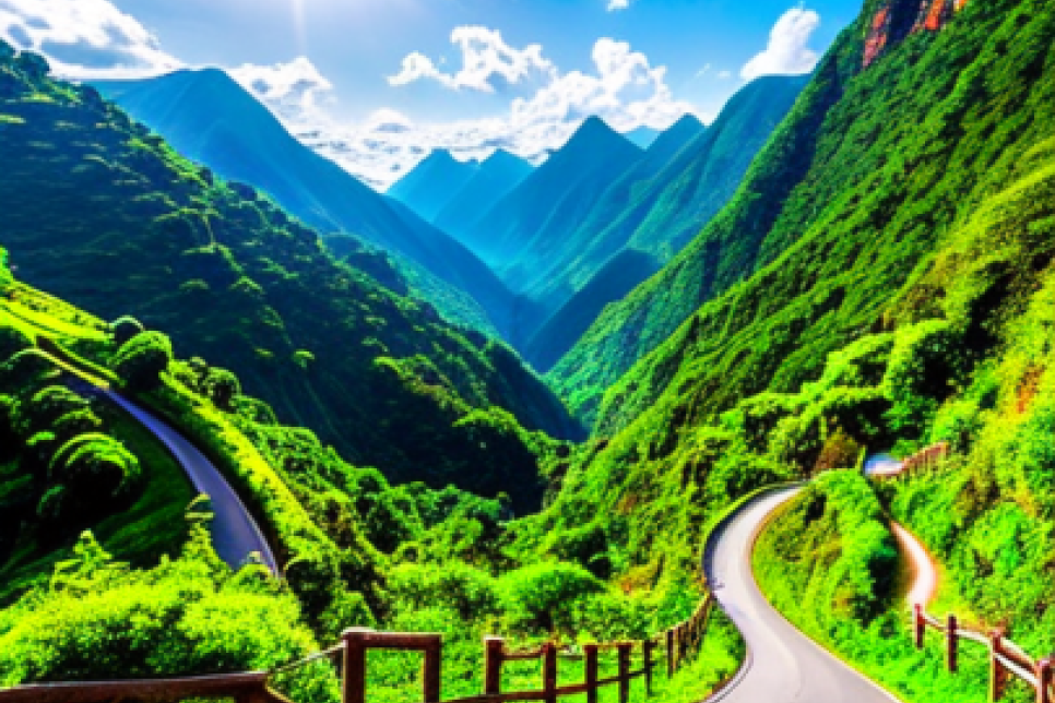 a winding mountain road goes on into the distance. the mountains are green and high. The sky is blue with a shining sun and white clouds