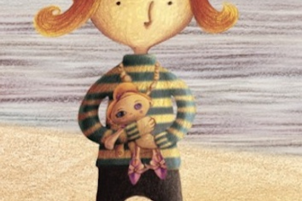 Image - Mali, drawn by Andrew Whitson, stands on the beach clutching her doll Megan / Delwedd - Mali, a ddarluniwyd gan Andrew Whitson, yn sefyll ar y traeth yn gafael yn ei dol Megan