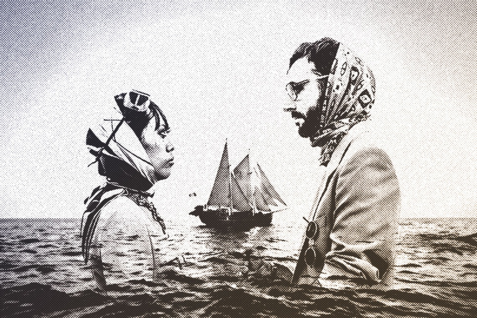 A black and white digital image of a man and woman appearing from the sea and facing each other. In the background and appearing between the two figures is a ship with masts.