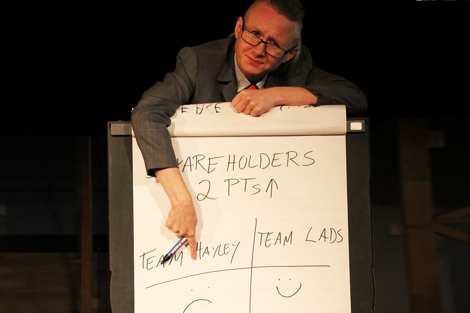 A person pointing and a flipchart