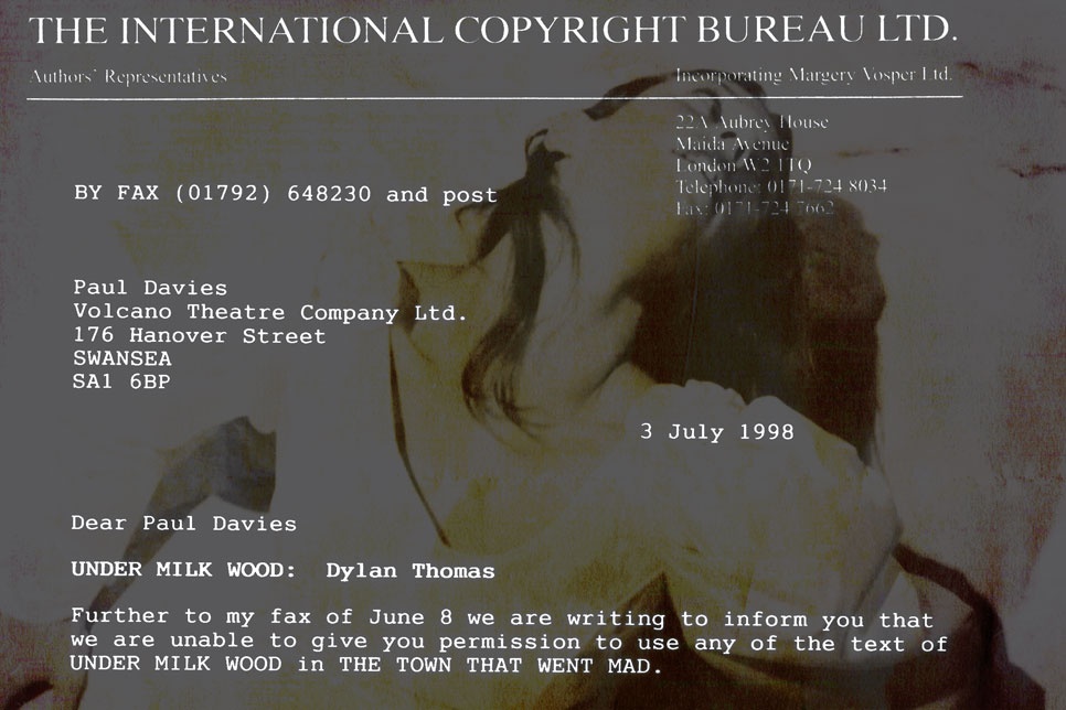 A poster in the form of a letter/fax with the heading 'The International Copyright Bureau Ltd.' There is an expressive picture of a woman in the background