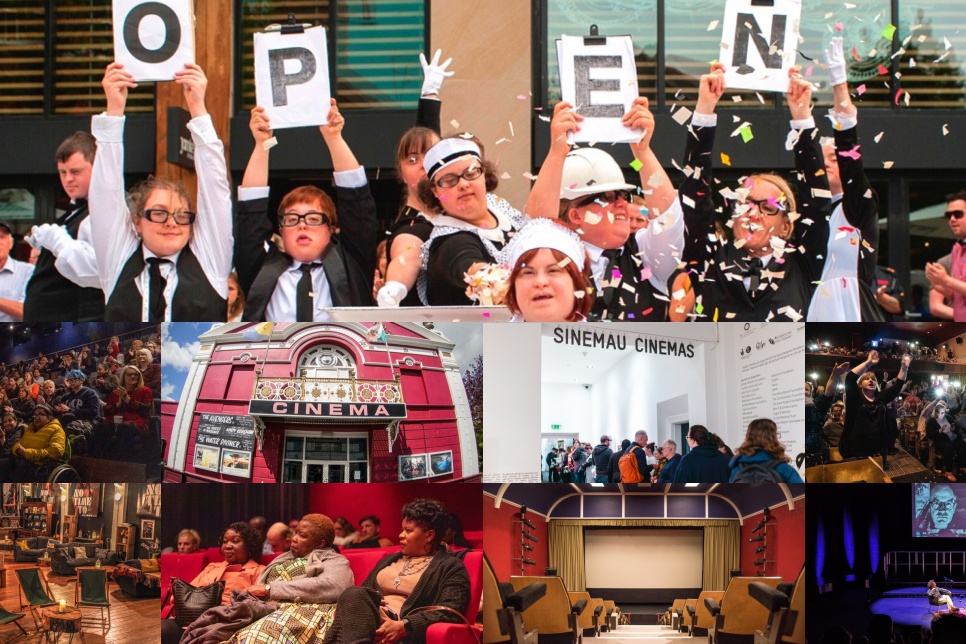 A montage of pictures on the theme, 'cinema'. One picture shows the word 'open' / Montage o luniau ar y thema 'sinema'. Mae un llun yn arddangos y gair 'open'