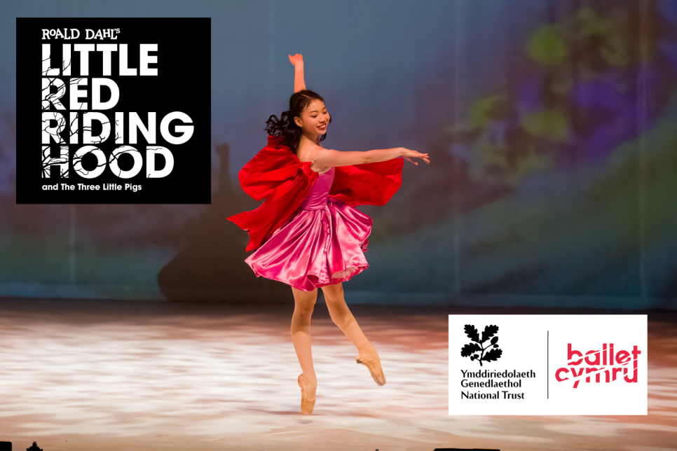 A ballet dancer in a red costume with the title Little Red Riding Hood