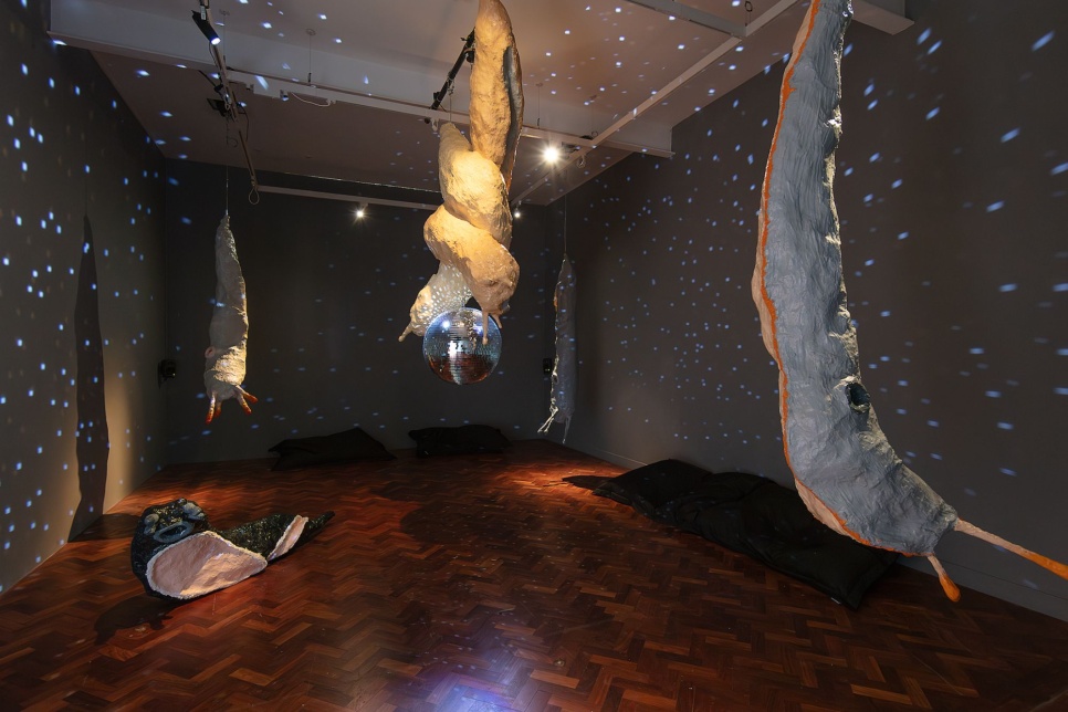 Photograph showing a part of an exhibition depicting large slugs hung from a celling. The room is low-lit with atmospheric dots of light reflected onto surfaces from a disco ball / Ffotograff sy’n dangos rhan o arddangosiad sy’n cyfleu gwlithod mawr sy’n hongian o’r nenfwd. Mae’r ychydig olau sy yn yr ystafell wedi ei osod yn isel, ac mae pelen ddisgo yn adlewyrchu dotiau atmosfferig o olau ar yr arwynebau