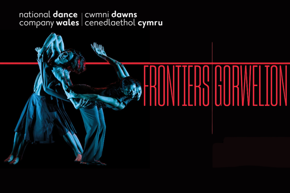 Poster - Delwedd o ddwy ddawnswraig ar un ochr, a’r geiriau 'Frontiers/Gorwelion' ar yr ochr arall / Poster - An image of two female dancers on one side, and the words 'Frontiers/Gorwelion' on the other