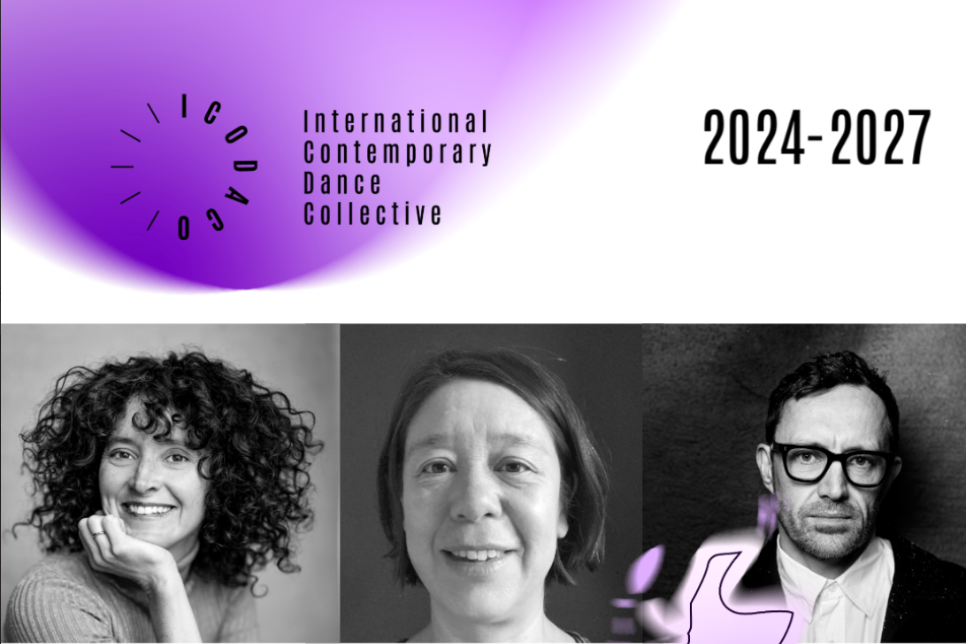 Image showing the faces of three people with the writing 'International Contemporary Dance Collective - 2024-2027' / Delwedd yn dangos wyneb tri pherson gyda’r ysgrifen 'International Contemporary Dance Collective - 2024-2027'